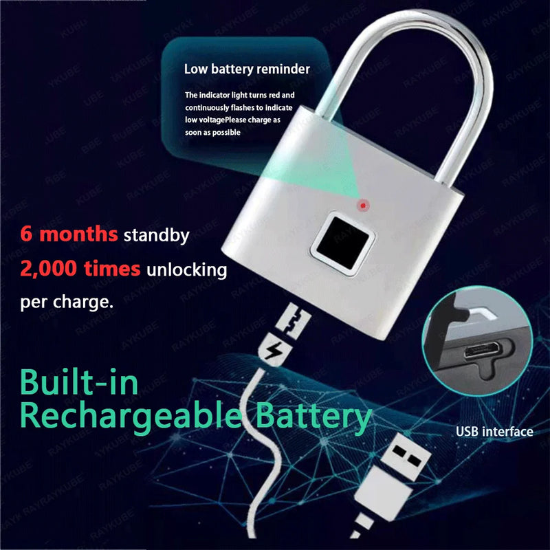 RAYKUBE P2 Smart Fingerprint Padlock Waterproof Zinc Alloy Biometric Padlocks With Buit-in Rechargeable Battery USB Charge